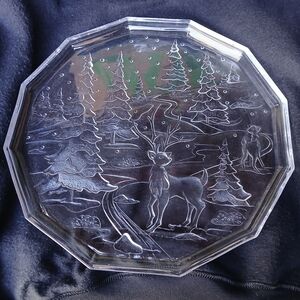 Clear Glass Serving Platter Christmas Holiday Deer Forest Trees
